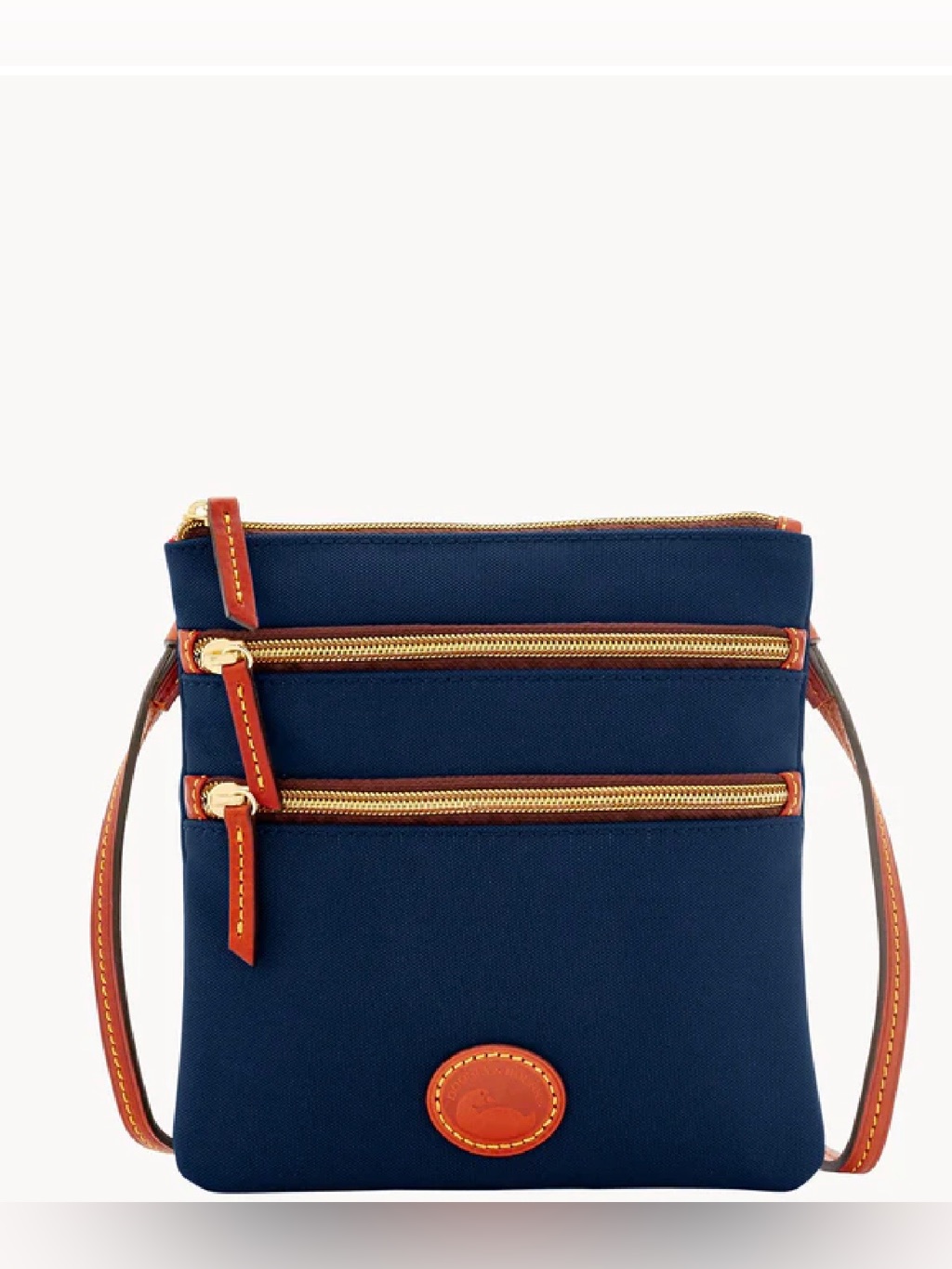 Dooney Bourke Nylon North South Triple Zip Navy With Tan Trim Crossbody Bag